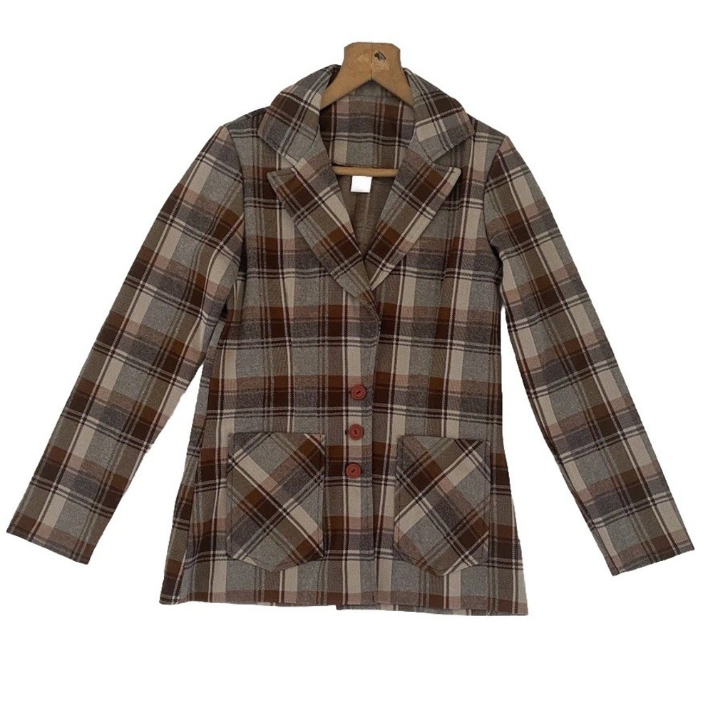 Vtg 70s Plaid Women Blazer S‎ Brown Jacket Retro Heritage Fall Autumn Pockets 8